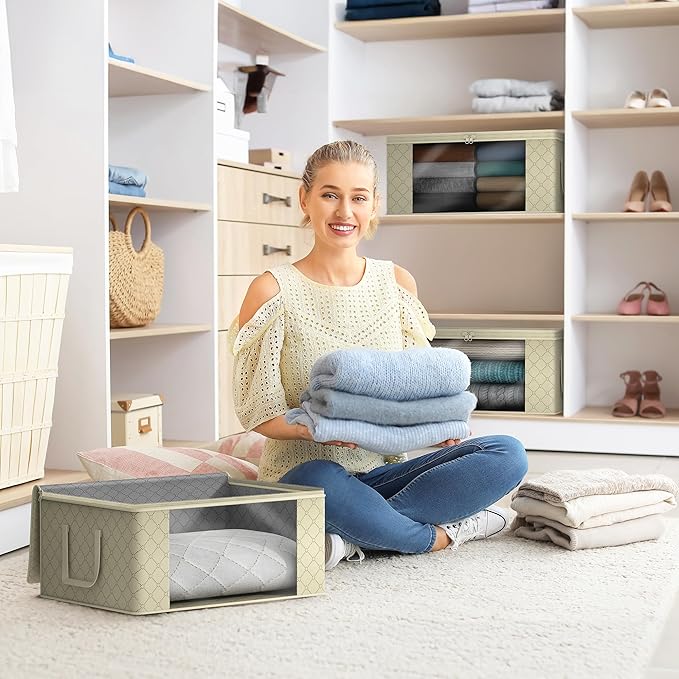 Sorbus Medium Clothes Storage Bags - Foldable Blanket Storage Bins for Organizing Bedroom, Closet, Clothing, Comforter, Organization with Clear Window, Lids and Carry Handles - Set of 10