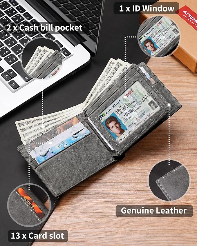 Mens Wallet Bifold Genuine Leather RFID Blocking Wallet for Men with 1 ID Windows 13 Card Holders 2 cash pockets 1 Gift Box