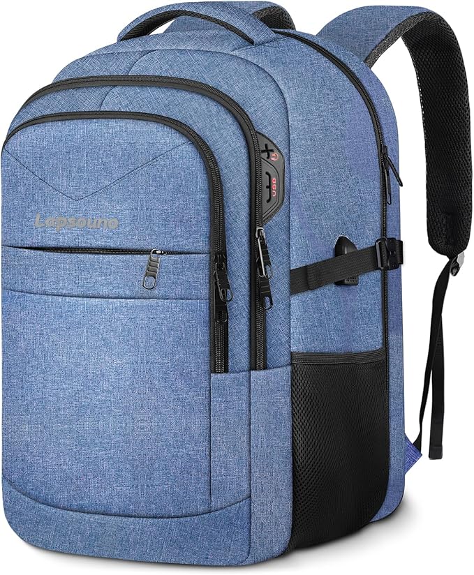Lapsouno Extra Large Travel Backpack, TSA Laptop Backpack, 17 inch Bag with USB Port, 40L Carry on College School Computer Bag for Men Women, Blue
