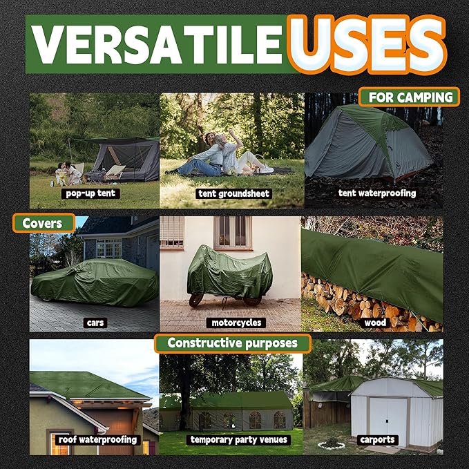 10x12 Feet Tarp Waterproof,9Mil Thick,Finished Size Tarps,UV Resistant,Durable,Multipurpose Poly Tarp Cover with Metal Grommets and Reinforced Edges,Green/Black by RAINDEWAY