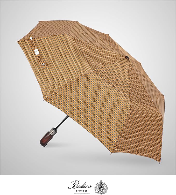 Balios Travel Folding Umbrella with Real Wood Handle Auto Open Close Vented Windproof Canopy - Designed in UK