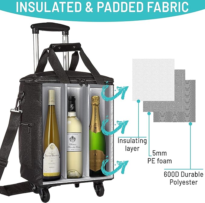 3-in-1 Wine Tote - Rolling Suitcase and Insulated Cooler Bag with Removable Dividers for 12 Bottles