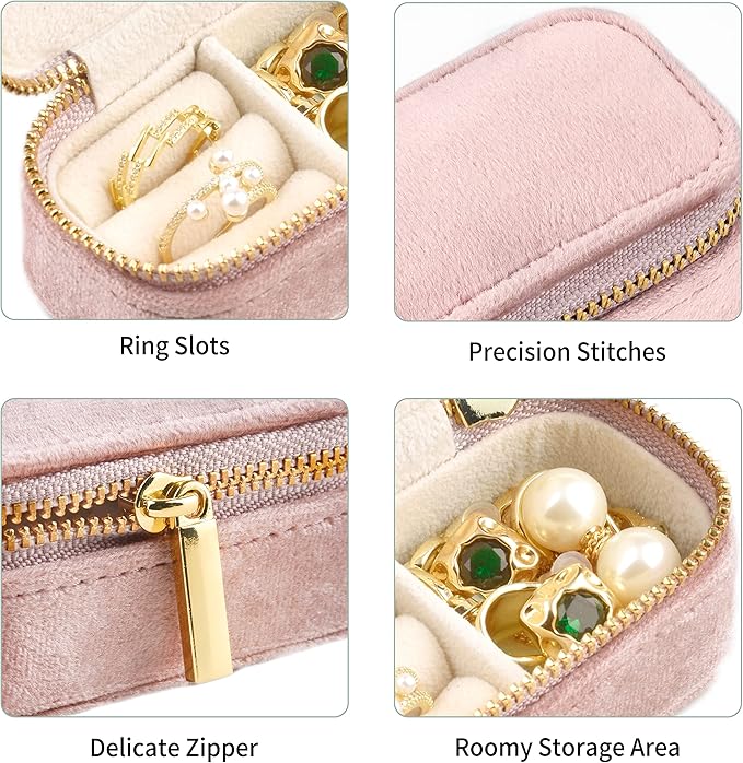 TAIMY Mini Jewelry Travel Case, Velvet Small Travel Jewelry Box, Portable Jewelry Travel Organizer Box for Rings Earrings Necklaces, Gifts for Women Girls(Blush Peach)