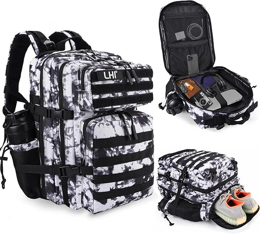 LHI Military Tactical Backpack for Men and Women 45L Army 3 Days Assault Pack Bag Large Rucksack with Shoe Compartment - Blue
