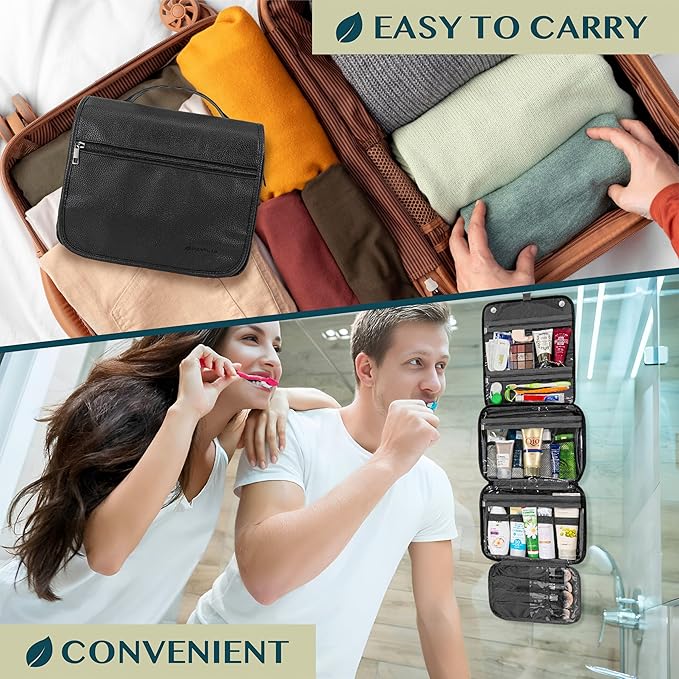 PAVILIA Hanging Toiletry Bag Women Men, Foldable Cosmetic Organizer Travel Bag, Water Resistant Makeup Bag Toiletries, Large Travel Essentials Kit (Black)