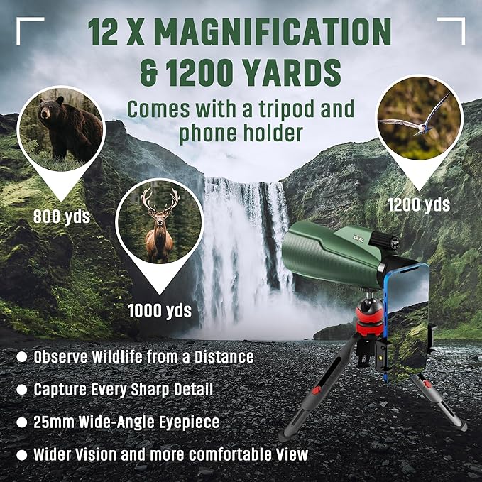 Monocular Telescope - 12x56 High Powered, Compact, Dust-Proof, Waterproof, Handheld Scope with Smartphone Adapter and Metal Tripod - Ideal for Hunting, Stargazing, Birdwatching, and Outdoor Adventures