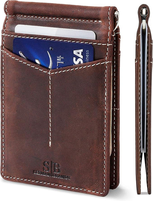 SERMAN BRANDS RFID Blocking Wallet Slim Bifold - Genuine Leather Minimalist Front Pocket Wallets for Men with Money Clip Gift