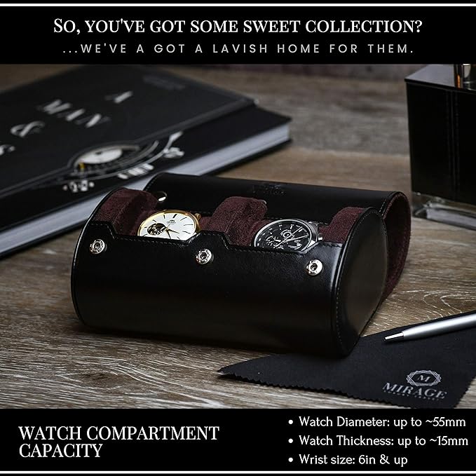 2 Watch Case for Men - Watch Roll Travel Case - Jade Black Motif Vegan Leather