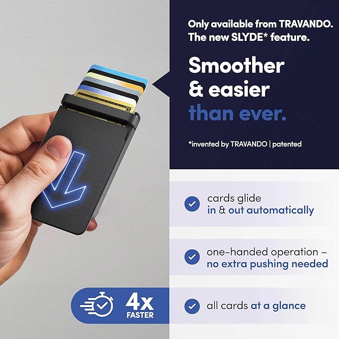 TRAVANDO SLYDE Aluminum Card Holder - RFID Blocking Slim Wallet for Men with Money Clip – Holds Up to 6 Cards – RFID Protected Credit Card Mens Wallet (Black)
