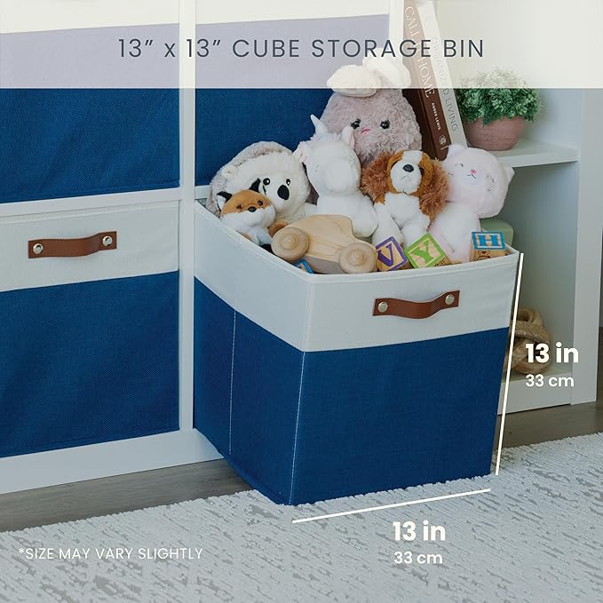 OrganiHaus 13x13 Cube Fabric Storage Bins Set of 4, Fabric Storage Cubes w/ Vegan Handles, 13 inch Collapsible Bins for Clothes & Toy Organizer, Cubbies Organizer, 13x13 Basket for Decor - Navy Blue