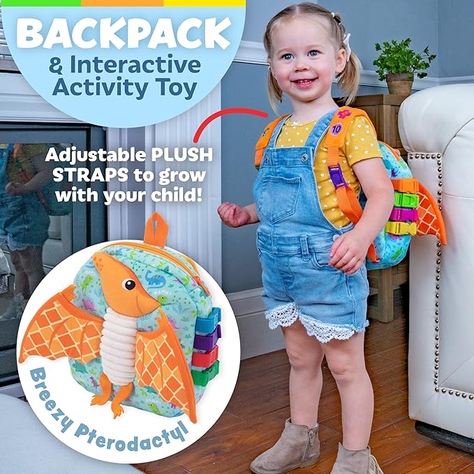 Buckle Toys Breezy Pterodactyl Dinosaur Toddler Backpack with Buckles & Toddler Learning Activities and Sensory Toys for Toddlers 1-3, Travel Essentials Road Trip Activities for Fine Motor Skills