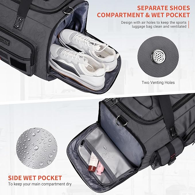 WITZMAN Travel Duffel Bags for Men Large Carry On Weekender Overnight Bag 3 in 1 Backpack with Shoe Compartment （B693 Silvery Grey)