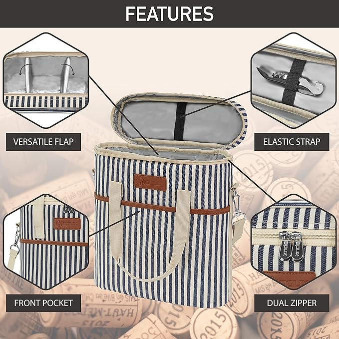 OPUX 3 Bottle Wine Carrier Tote, Insulated Leakproof Wine Cooler Bag, Wine Travel Bag Tote for Picnic BYOB Beach, Portable Wine Bottle Carrying Case, Gift for Wine Lover Women Men Christmas, Stripe