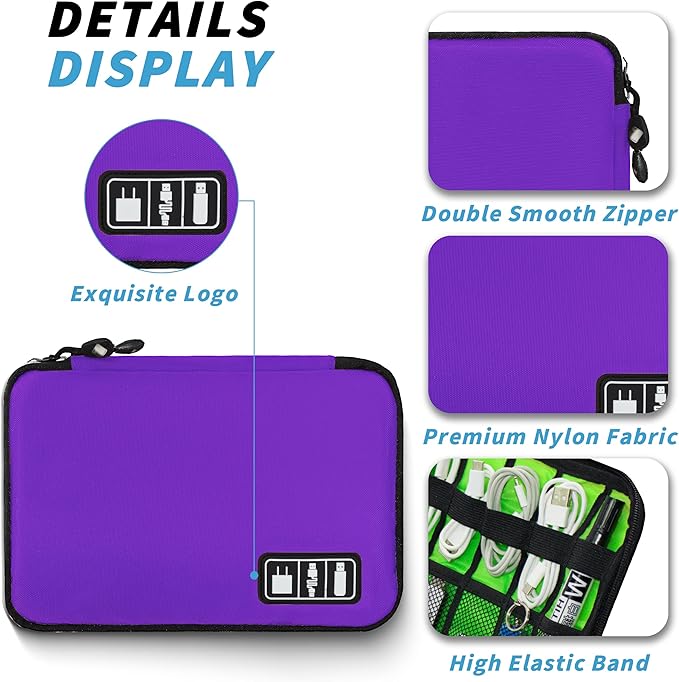 Electronics Organizer, Portable Cable Organizer Bags, Travel Electronic Accessories Storage Case for Cables, Cords, Charger, Phone (Purple)