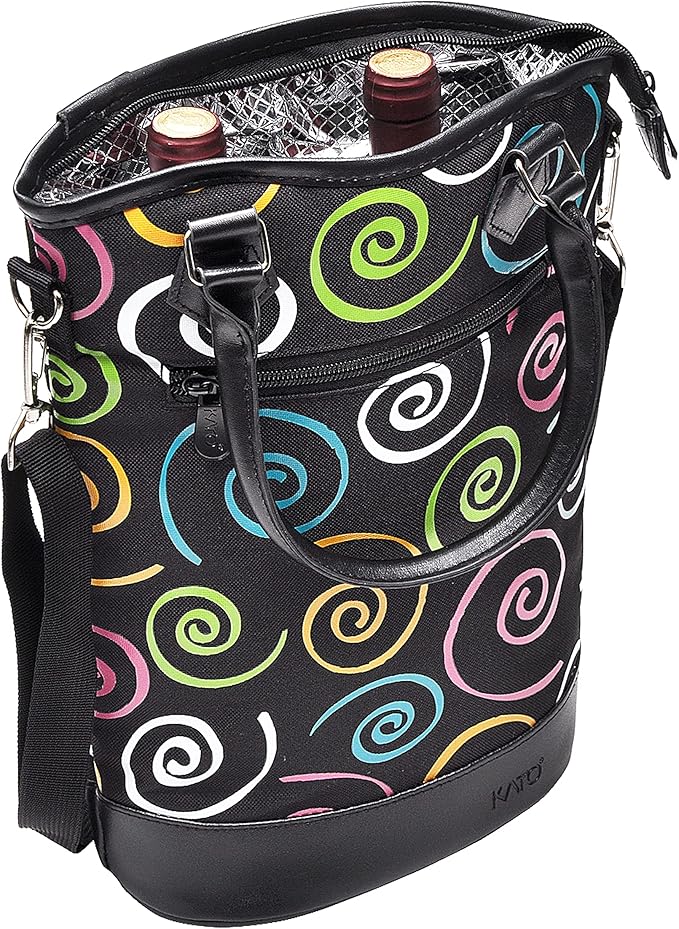Tirrinia Insulated Wine Gift carrier Tote - Travel Padded 2 Bottle Wine/Champagne Cooler Bag with Handle and Adjustable Shoulder Strap, Great Wine Lover Gift, SPIRAL
