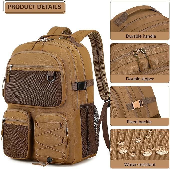 Lohol Water Resistant Daypack with Mulitiple Pockets for Travel Outdoor College, 15.6 inch Laptop Backpack for Men and Women (Brown)