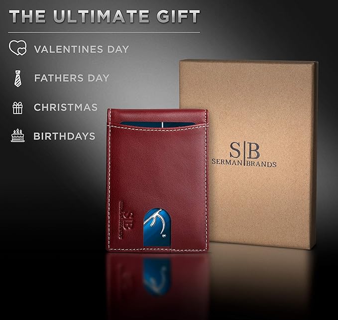 SERMAN BRANDS RFID Blocking Slim Bifold Genuine Leather Minimalist Front Pocket Wallets for Men with Money Clip Thin Gift