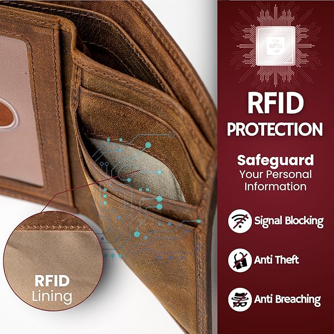 BULL GUARD Leather Trifold Wallets For Men with ID and RFID Blocking Great For Work, Sports, Outdoors