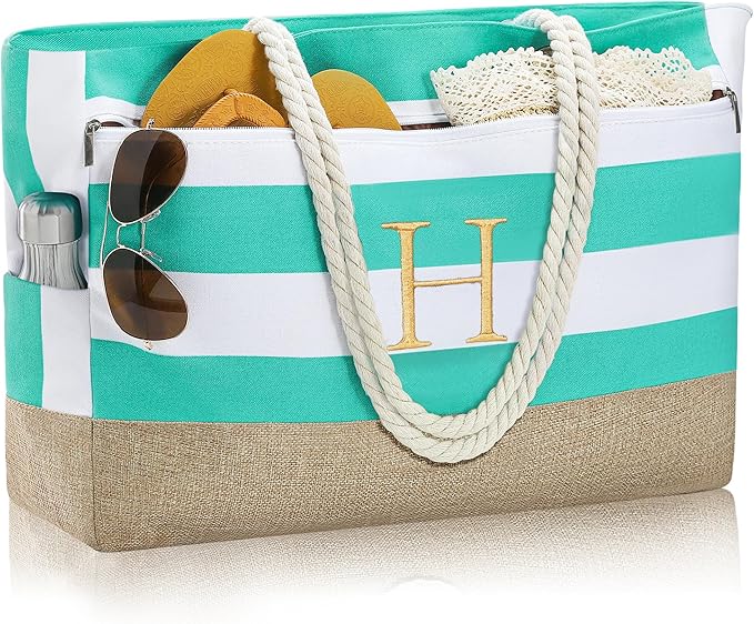 YOOLIFE Large Initial Beach Bag Waterproof Tote Zipper Bag Personalized Gifts for Women Her Birthday Travel Beach Essential