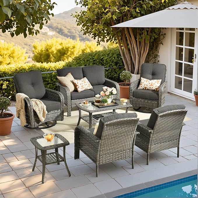 HOOOWOOO Patio Furniture Set,7 Pieces Outdoor Conversation Set,All Weather Wicker Loveseat Sofa Set with High Back Swivel Rocking Chairs Tables,Black