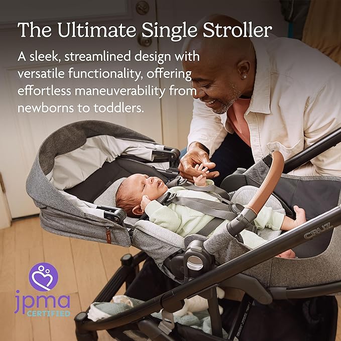 UPPAbaby Cruz V3 Stroller - from Birth + Car Seat Compatible - Full-Size, Reversible Seat - Infant Insert, Bug and Rain Shields Included - Greyson (Charcoal Mélange/Carbon Frame/Saddle Leather)