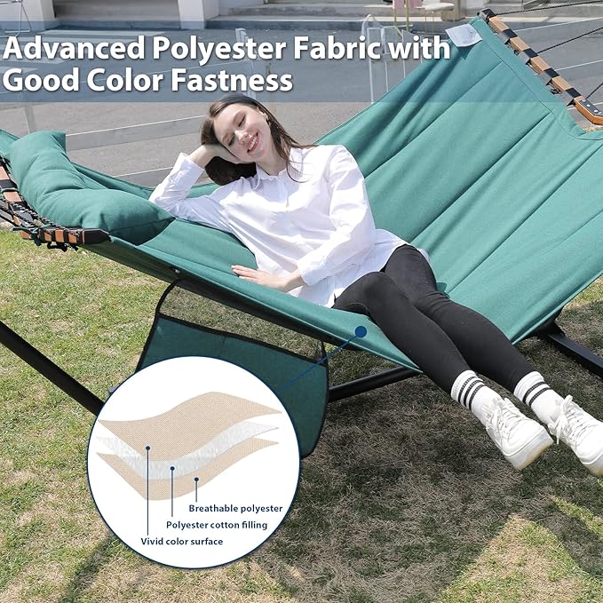 TegerDeger 12FT 2 Person Hammock with Stand Included 55 x 79IN Large Hammock 450LB Capacity with Hardwood Spreader Bar & Nylon Rope for Outside, Patio, Garden, Backyard, Beach, Poolside - Lake Blue
