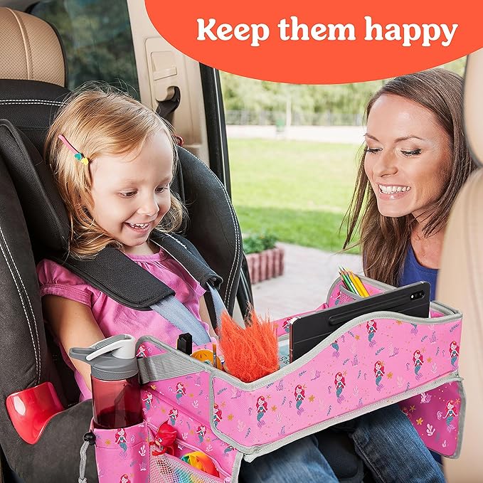 PILLANI Kids Travel Tray for Car - Car Seat Tray for Kids, Road Trip Essentials & Must Haves, Carseat Table Roadtrip Activities - Toddler Lap Desk Organizer for Airplane