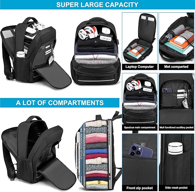 Backpack, Laptop Backpack, Carry on Backpack, Durable TSA Friendly Business Travel 17.3 Inch Laptop Backpack with USB Port, College School Bag Gift for Men Women Teens Bookbag, Black