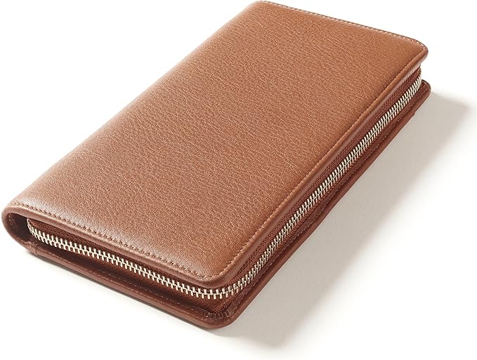 Leatherology Cognac Travel Zip Organizer Wallet, Passport Holder, RFID Available, Full Grain Leather