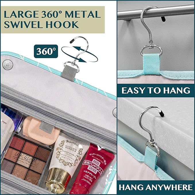 PAVILIA Hanging Toiletry Bag Women Men, Foldable Cosmetic Organizer Travel Bag, Water Resistant Makeup Bag Toiletries, Large Travel Essentials Kit (Teal Chevron)
