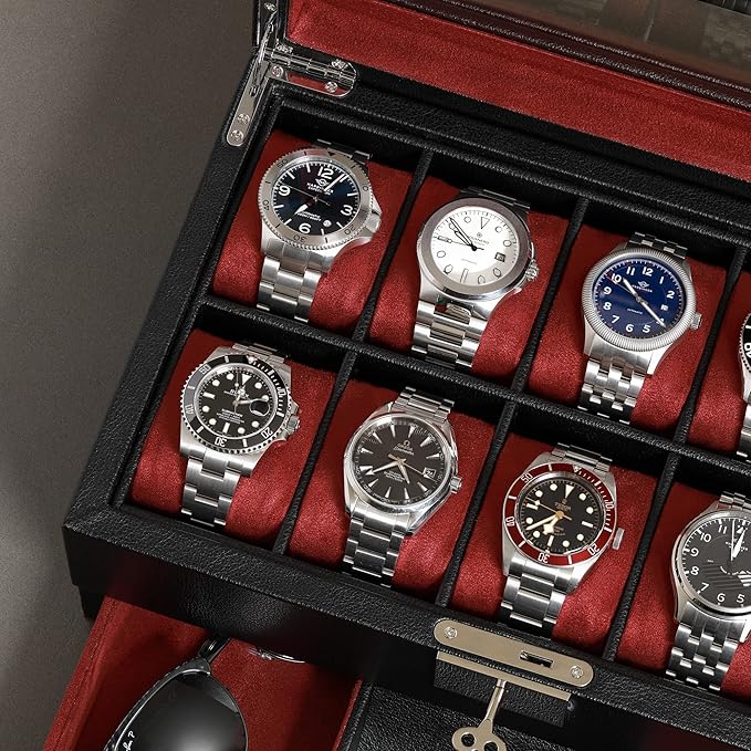 ROTHWELL 10-Slot Watch Box in Leather with Valet Drawer, Luxury Watch Case Display Organizer with Ultra Soft Microsuede Liner, Jewelry and Sunglass Holder With Large Glass top (Black/Red)
