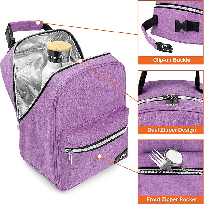 opux Lunch Box for Girls Boys Kids, Insulated Leakproof Lunch Bag, Reusable Teen Lunch Boxes for School, Medium Large lunchbox for Women Men Adult for Work with Front Back Pocket (Purple)