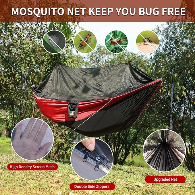 Camping Hammock with Net,Travel Portable Lightweight Hammocks with Tree Straps and Solid D-Shape Carabiners,Parachute Nylon Hammock for Outsides Backpacking Beach Backyard Patio Hiking