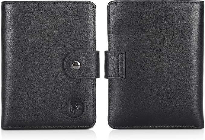 Polare Luxury RFID Blocking Leather Passport Holder Travel Wallet For Men and Women (Black with AirTag Slot(Snap Version))