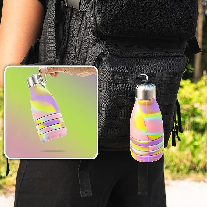 Foldable Drinking Bottle - BPA-free, leak-proof - Ideal festival accessory and practical outdoor companion with carabiner (Colorful)