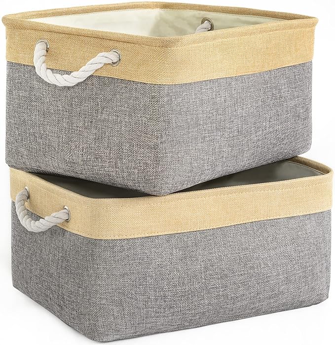 TheWarmHome Storage Basket for Organizing - 3 Pack 14x10x7 inch Large Collapsible Storage Bin for Shelves, Fabric Storage Cubes for Organizer ClosetCloth Gift Toy (Grey & Gold)