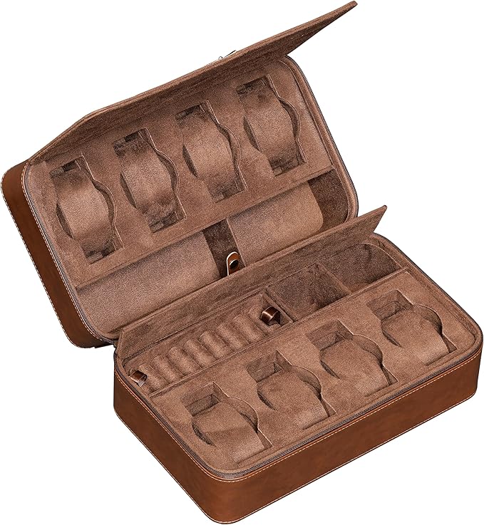 ROTHWELL 8 Watch Travel Case Storage Organizer for 8 Watches, Sunglasses, Rings & Cufflinks |Tough Portable Protection with Zipper Fits Most Wristwatches & Smart Watches Up to 50mm (Tan/Brown)