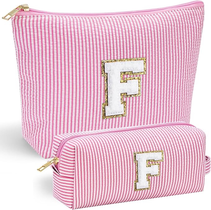 YOOLIFE Makeup Bag for Women, Personalized Initial Cute Makeup Pouch for Girlfriend Bridesmaid Wife | Cosmetic Travel Toiletry Bag for Friend Female Sister | Birthday Gift Idea for Her Mom Pink F