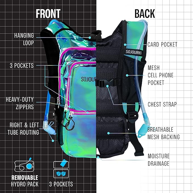 Sojourner Hydration Pack, Hydration Backpack - Water Backpack with 2l Hydration Bladder, Festival Essential - Rave Hydration Pack Hydropack Hydro for Hiking, Running, Biking, Festival Gear