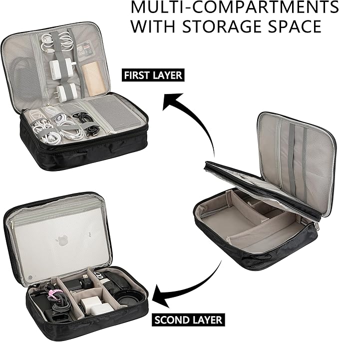 Electronics Accessories Organizer Bag, Waterproof Double LayerTravel Cable Organizer Case for Cords, Charger, Power Bank,Hard Drive, Mouse -Shockproof Tech Storage Pouch (Classic-two layers-Black)