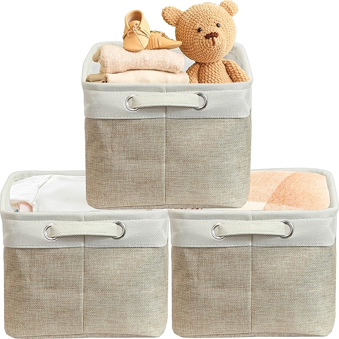 Simple Houseware 14.4" x 10" Fabric Storage Bin with Handles, 3-Pack, Foldable Organizer for Closet and Shelf, Beige
