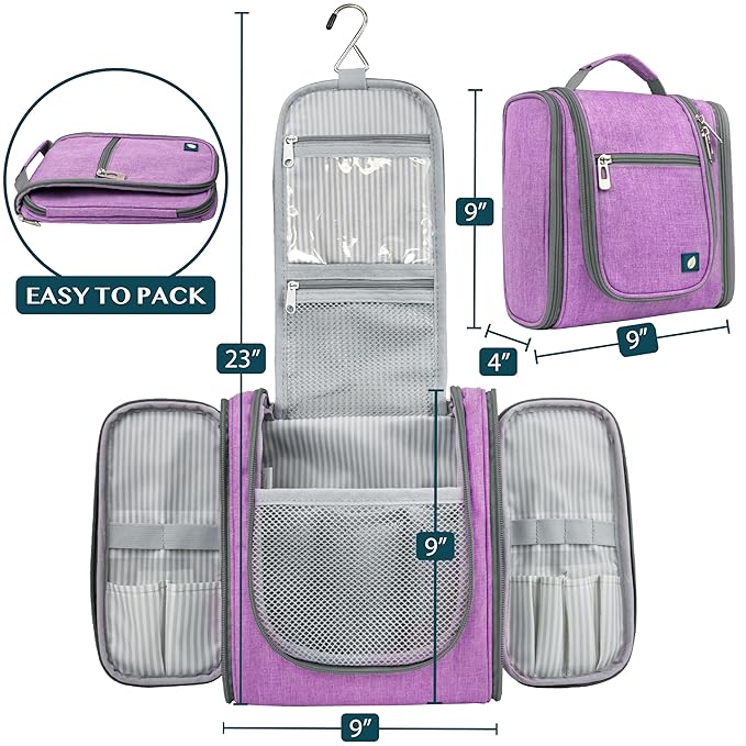 PAVILIA Toiletry Bag Travel Bag for Women Men, Hanging Cosmetic Organizer, Water Resistant Makeup Bag for Accessories Toiletries, Large Travel Essentials Kit (Purple)