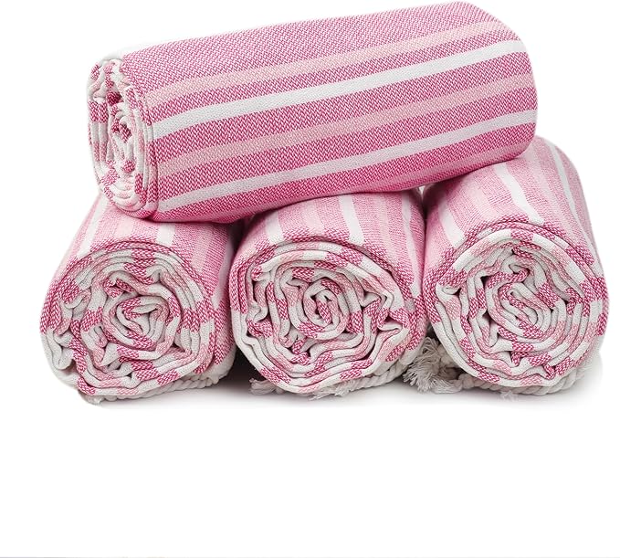 HILLFAIR Cotton Turkish Beach Towels, Quick Dry Lightweight Sand Free Peshtemal Towel for Bath Swim Yoga Spa Travel, Beach Accessories, Oversized Cotton Turkish Towels (39 x 72 inch- 4 Pack Pink)