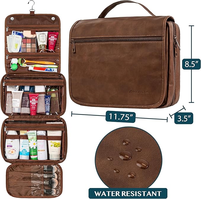PAVILIA Hanging Toiletry Bag Women Men, Foldable Cosmetic Organizer Travel Bag, Water Resistant Makeup Bag Toiletries, Large Travel Essentials Kit (Dark Brown)