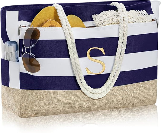 YOOLIFE Large Initial Beach Bag Waterproof Tote Zipper Bag Personalized Gifts for Women Her Birthday Travel Beach Essential