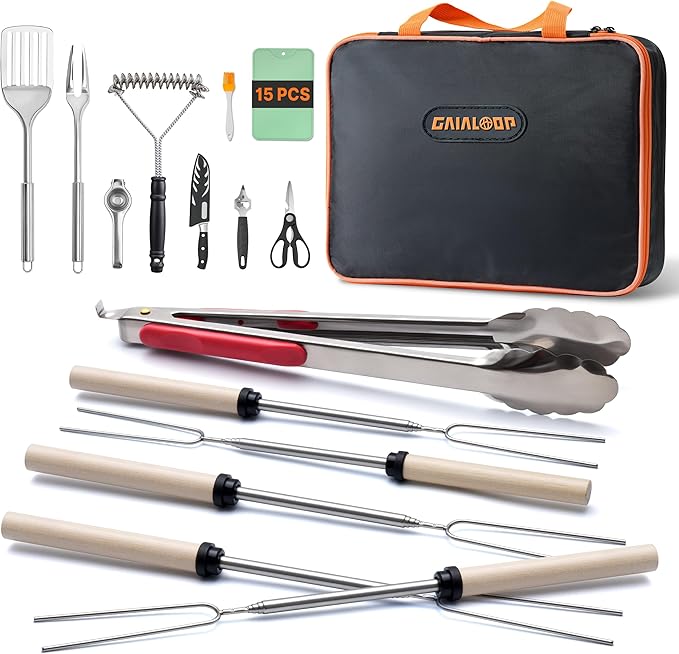Camping Cooking Utensils Set Grilling Cookware Camp Kitchen Rotating Marshmallow Roasting Sticks BBQ Forks, Portable RV Camping Essentials Camper Must Haves for Cookouts Open Fire Pit