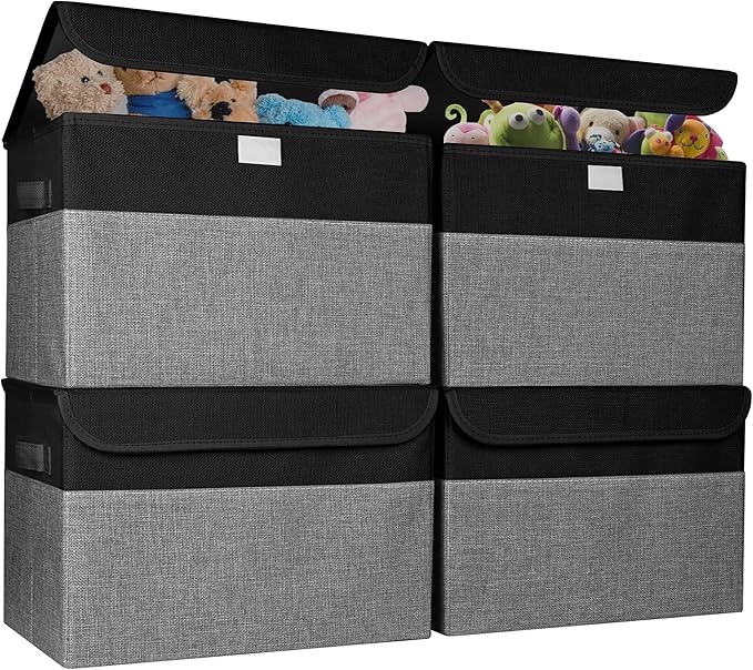 Large 22 Quart Linen Fabric Foldable Storage Bin Cube Organizer Basket with Flip-Top Lid & Handles, Clothes Blanket Box for Home, Office, Closet, Black & Gray, 4 Pack 14.6 x 9.5 x 9.5