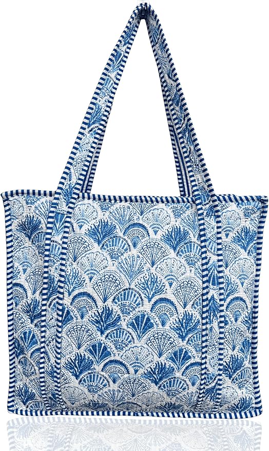 Cotton Quilted Tote Bag for Women – Large Beach & Travel Tote with Zipper, Reusable Grocery Bag