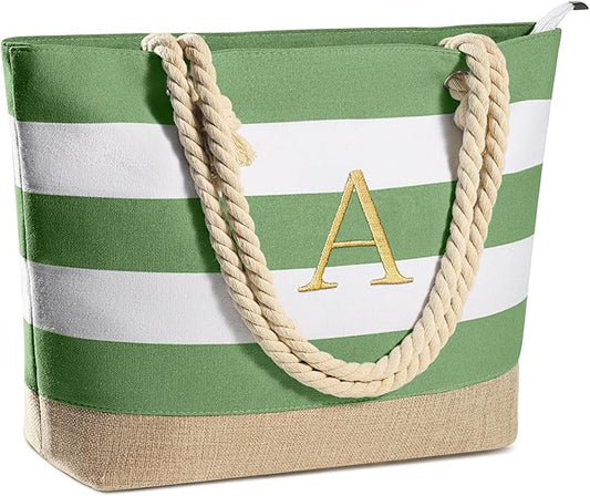 YOOLIFE Initial Canvas Waterproof Beach Tote Bag Zipper Personalized Gifts for Women Her Birthday Travel Beach Essential