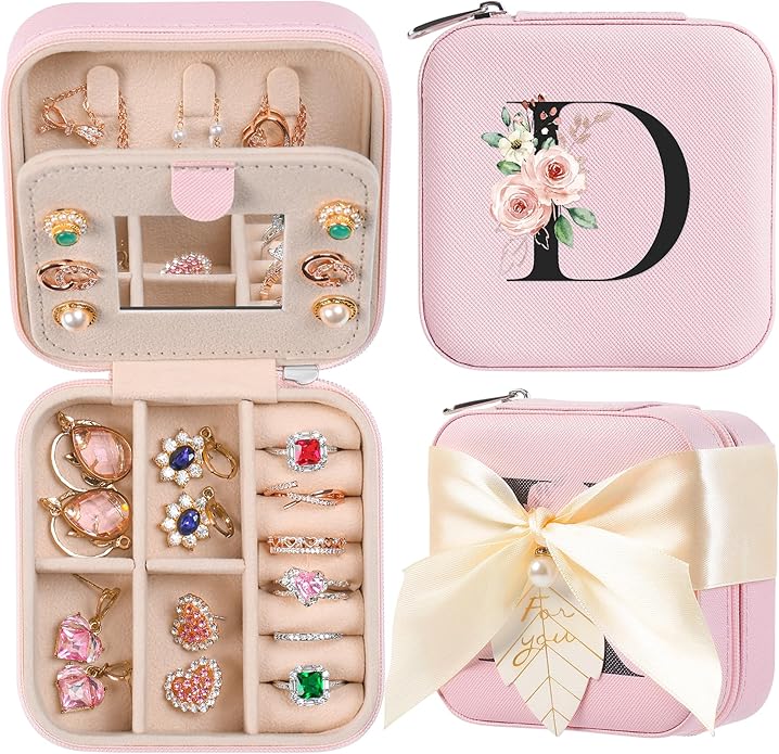 AYGXU Travel Jewelry Box for Women and Girls - Small Case With Initial A-Z - Teacher Gifts